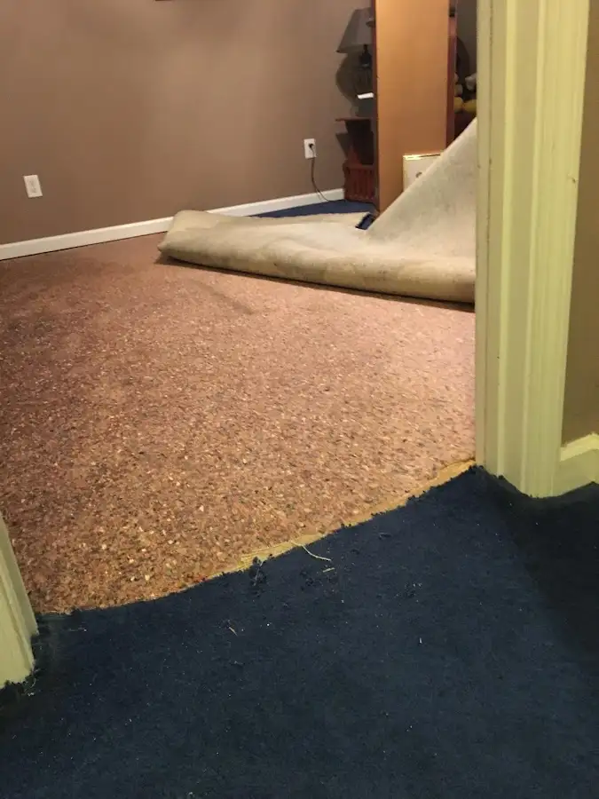 Carpet pad removal revealing water damage during Drying & Dehumidification in Zimmerman